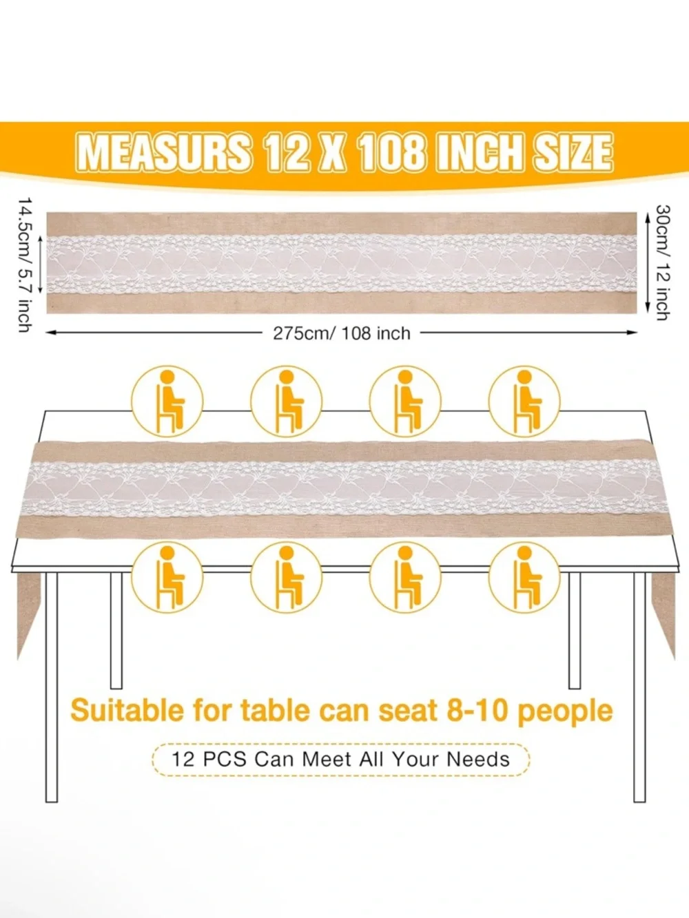 12 Burlap Lace Table Runners - 12 count - Picture 4 of 4